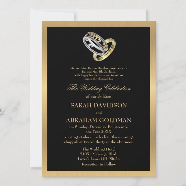 Gold Black Formal Traditional Jewish Wedding Invit Einladung (Vorderseite)