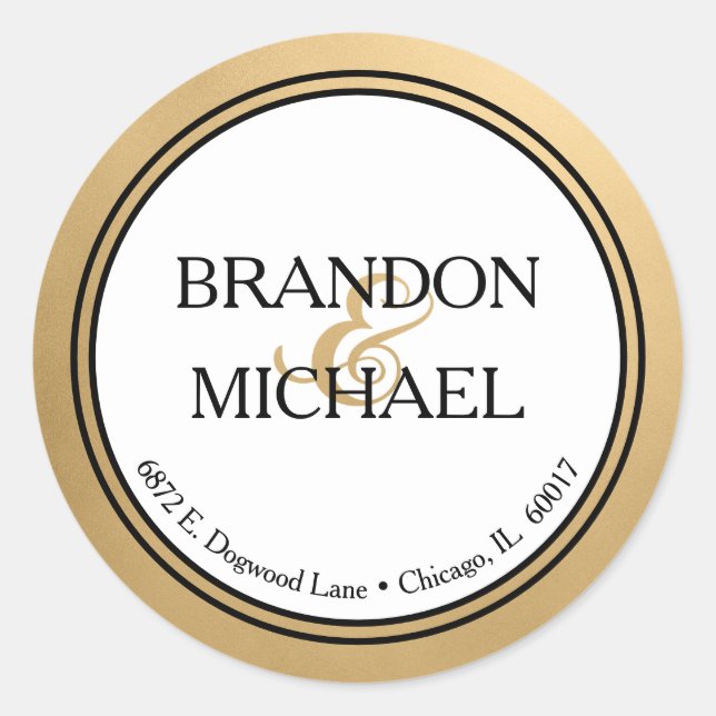 Gold Black Formal Wedding Rücksendeadresse Runder Aufkleber (Vorderseite)