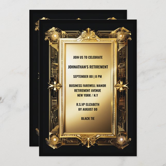 Gold Black Foto Ruhestand Kunst Deko Einladung (Vorne/Hinten)