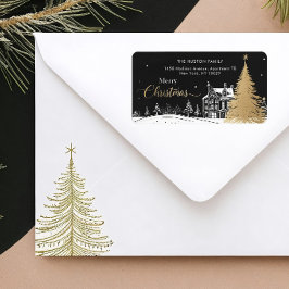 Gold & Black Frohe Weihnachten Rücksende-Adresseti Adressaufkleber