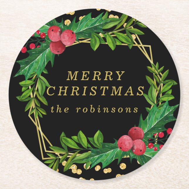 Gold Black Frohe Weihnachts-Party Holly Glitzer Runder Pappuntersetzer (Vorderseite)