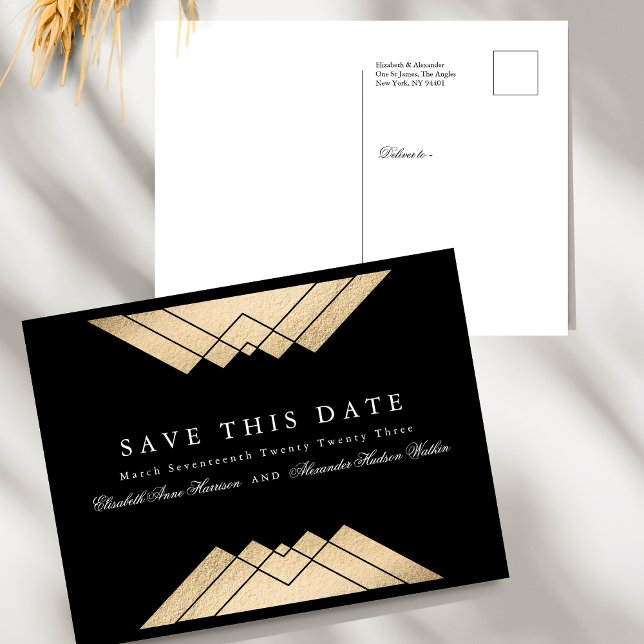 Gold Black Geometric Gatsby Save the Date Ankündigungspostkarte (Von Creator hochgeladen)