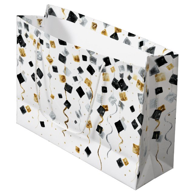 Gold Black Glam Confetti Christmas Große Geschenktüte (Vorderseite Schrägansicht)