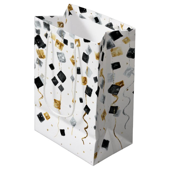 Gold Black Glam Confetti Christmas Mittlere Geschenktüte (Vorderseite Schrägansicht)