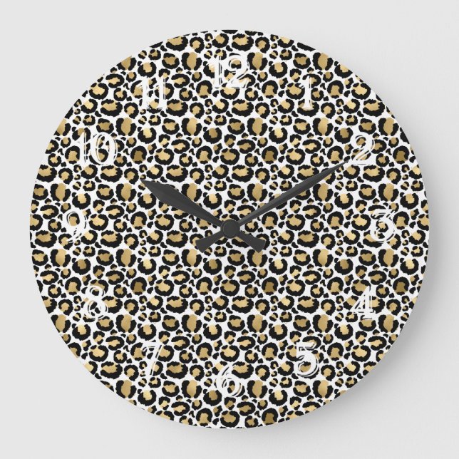 Gold Black Glam Leopard Print Große Wanduhr (Vorderseite)