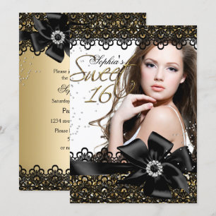 Gold & Black Glitter Spitze Foto Sweet 16 Einladun Einladung