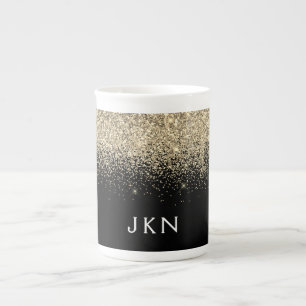 Gold Black Glitzer Girly Monogram Initials Prozellantasse