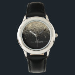 Gold Black Glitzer Script Monogram Girlaname Armbanduhr<br><div class="desc">Schwarz und Gold Sparkle Glitzer Script Monogram Name Watch. Das macht den perfekten 16 Geburtstag,  Hochzeit,  Brautparty,  Jubiläum,  Babydusche oder Junggeselinnen-Abschied Geschenk für jemanden,  der Lieben glamourösen Luxus und schicke Stile.</div>