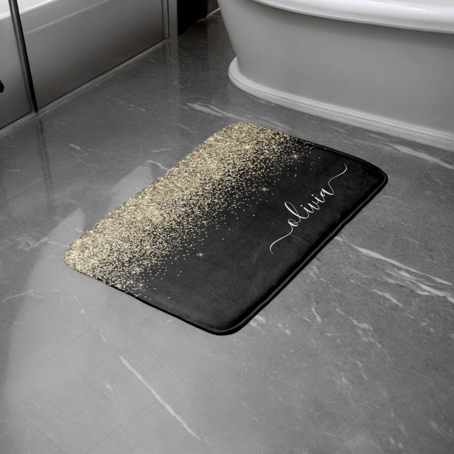Gold Black Glitzer Script Monogram Girlaname Badematte (Von Creator hochgeladen)