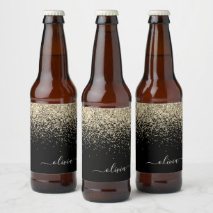 Gold Black Glitzer Script Monogram Girlaname Bierflaschenetikett