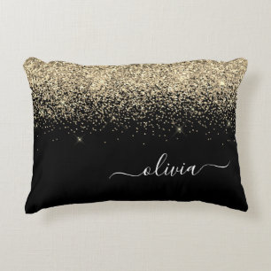 Gold Black Glitzer Script Monogram Girlaname Dekokissen
