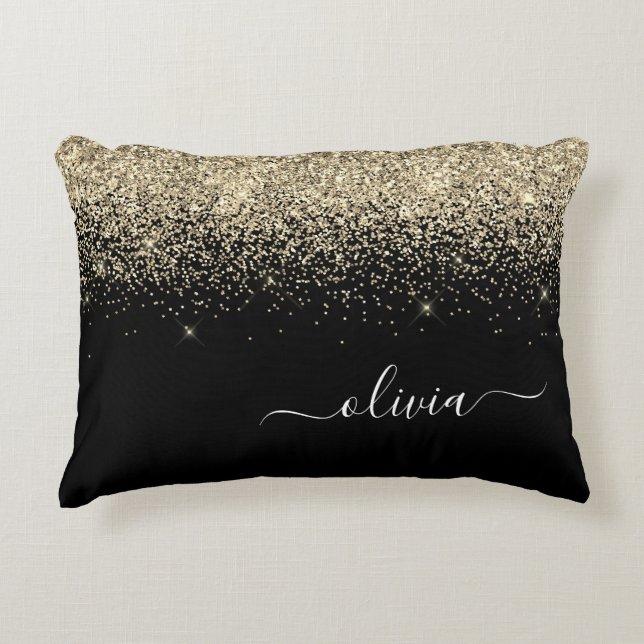 Gold Black Glitzer Script Monogram Girlaname Dekokissen (Vorderseite)