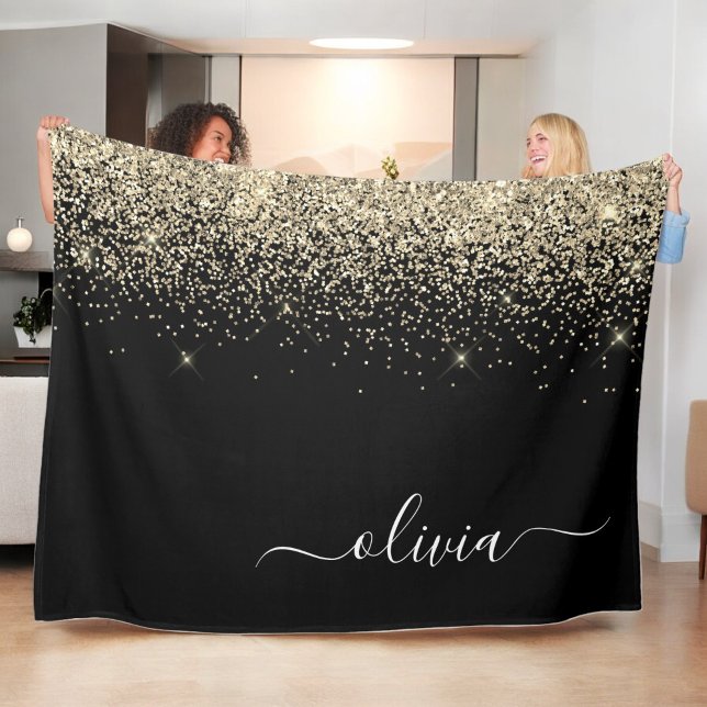 Gold Black Glitzer Script Monogram Girlaname Fleecedecke (Von Creator hochgeladen)