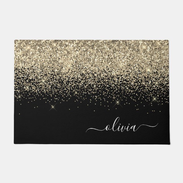 Gold Black Glitzer Script Monogram Girlaname Fußmatte (Vorderseite)
