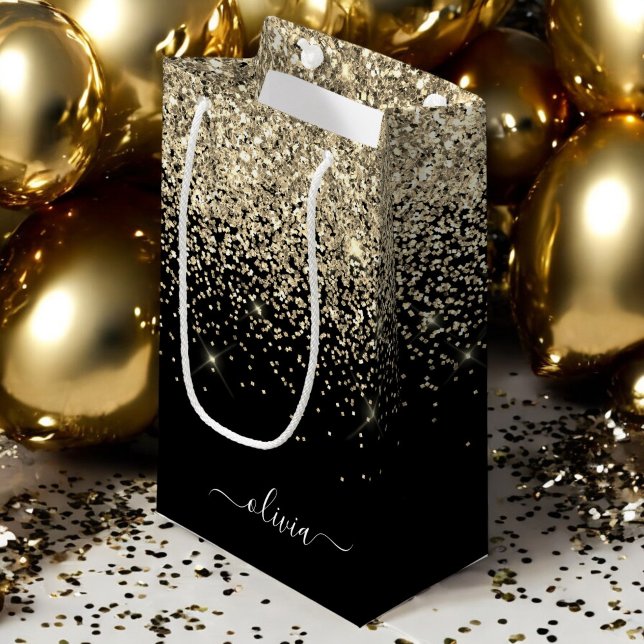 Gold Black Glitzer Script Monogram Girlaname Kleine Geschenktüte (Von Creator hochgeladen)