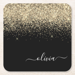Gold Black Glitzer Script Monogram Girlaname Rechteckiger Pappuntersetzer