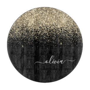 Gold Black Glitzer Script Monogram Girlaname Schneidebrett