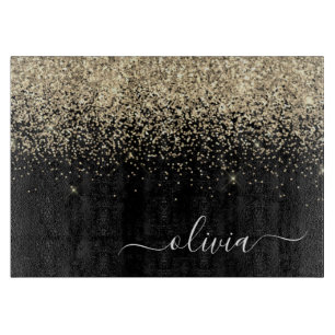 Gold Black Glitzer Script Monogram Girlaname Schneidebrett