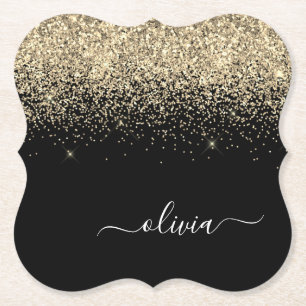 Gold Black Glitzer Script Monogram Girlaname Untersetzer
