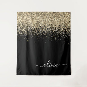 Gold Black Glitzer Script Monogram Girlaname Wandteppich