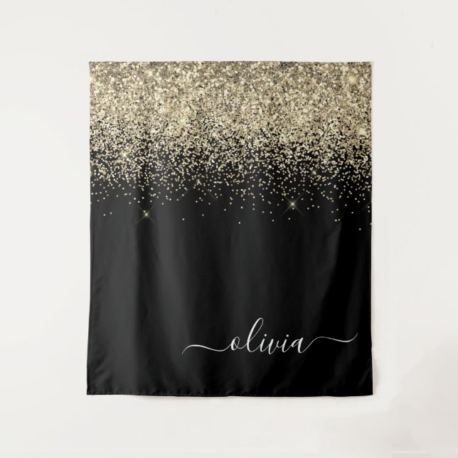 Gold Black Glitzer Script Monogram Girlaname Wandteppich (Vorderseite)