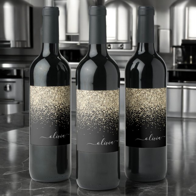 Gold Black Glitzer Script Monogram Girlaname Weinetikett (Von Creator hochgeladen)