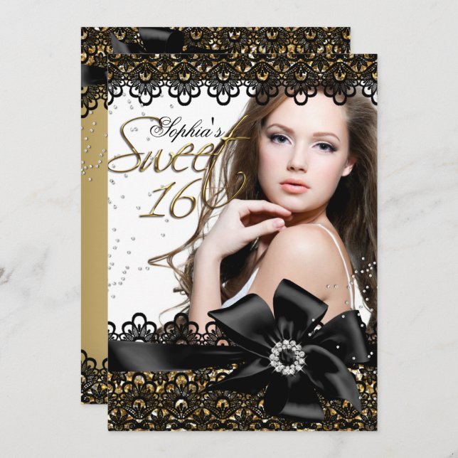 Gold & Black Glitzer Spitzen Foto Sweet 16 Einladu Einladung (Vorne/Hinten)