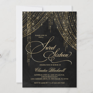 Gold Black Glitzer Sweet 16 Geburtstag Einladung