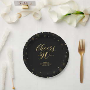 Gold & Black Glitzernde Cheers 90. Geburtstagsfeie Pappteller