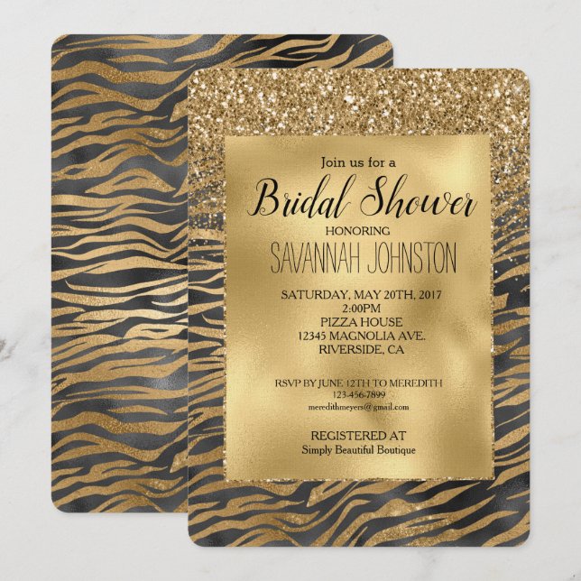 Gold Black Glitzy Glittery Sparkle Zebra Print Einladung (Vorne/Hinten)