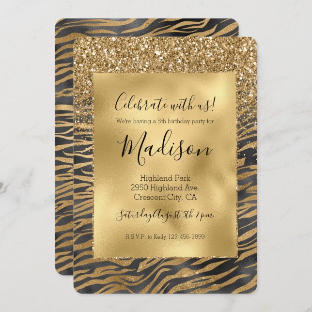 Gold Black Glitzy Glitzer Sparkle Zebra Print Einladung (Vorne/Hinten)