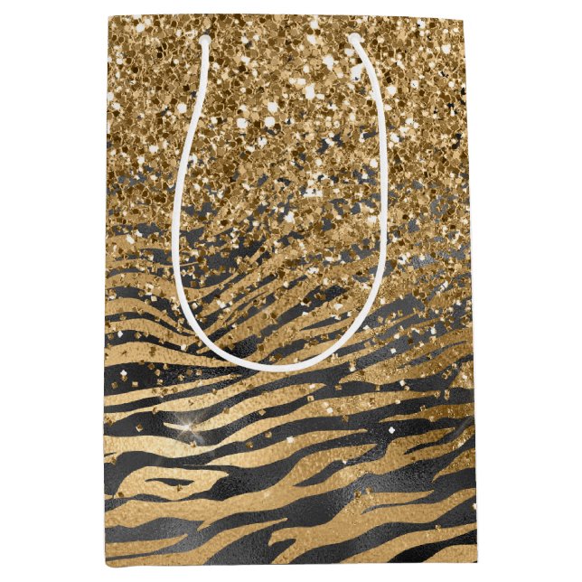 Gold Black Glitzy Glitzer Sparkle Zebra Print Mittlere Geschenktüte (Vorderseite)