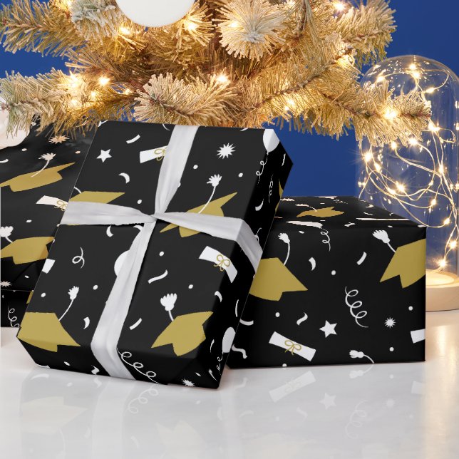Gold Black Graduation Cap Toss Wrapping Paper Geschenkpapier (Feiertage)