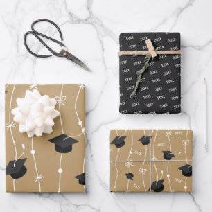 Gold & Black Graduation Cap Toss Wrapping Paper Geschenkpapier Set