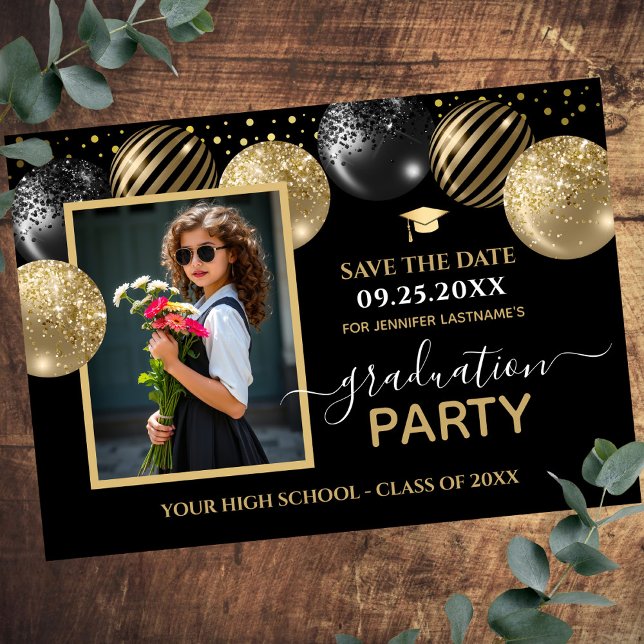 Gold Black Graduation Party Foto Save the Date Einladung (Von Creator hochgeladen)
