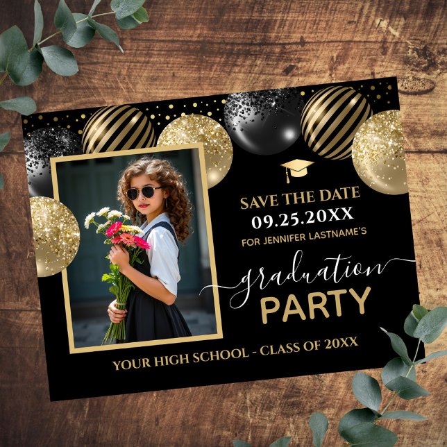 Gold Black Graduation Party Foto Save the Date Postkarte (Von Creator hochgeladen)