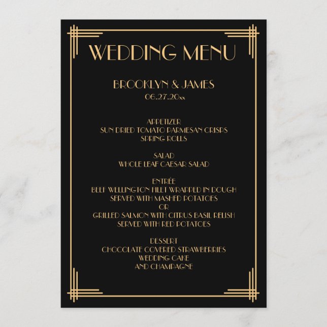Gold Black Great Gatsby Art Deco Hochzeitsmenü Menükarte (Vorderseite)
