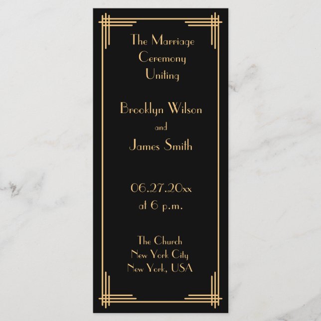 Gold Black Great Gatsby Art Deco Wedding Programm (Vorderseite)
