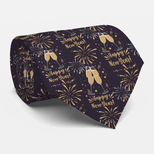 Gold Black Happy New Year Champagne Glasses Men’s Krawatte (Gerollt)