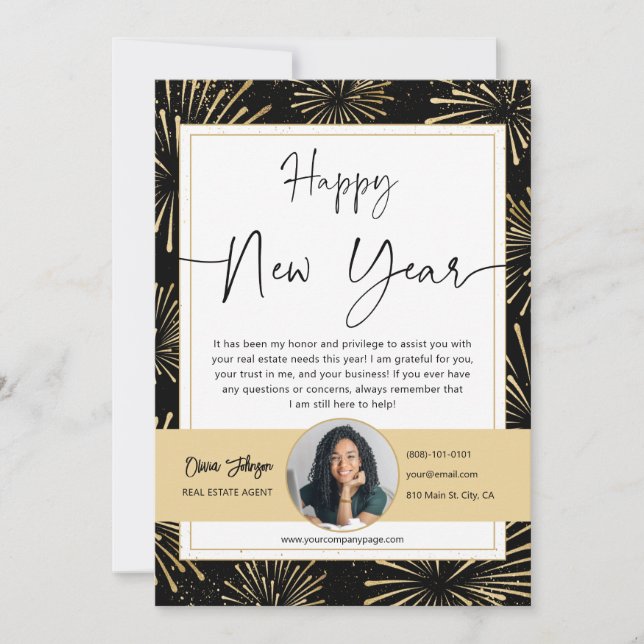 Gold Black Happy New Year Real Anwesen Foto Card Einladung (Vorderseite)