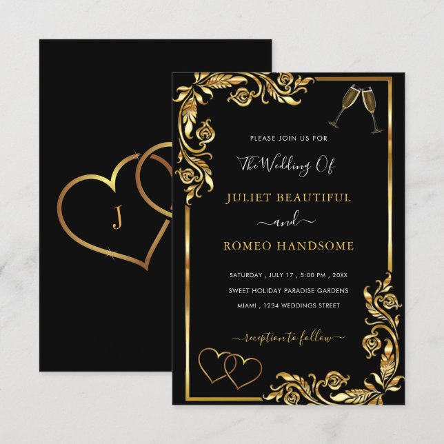 Gold Black Hearts Toast Brillen Einladung Hochzeit (Vorne/Hinten)