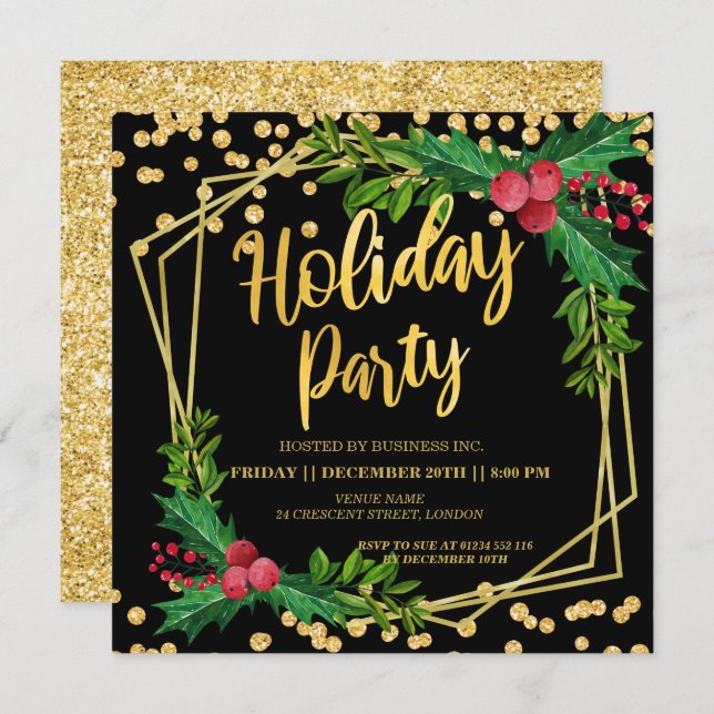 Gold Black Holtrahmen Glitzer Holiday Corporate Einladung (Vorne/Hinten)