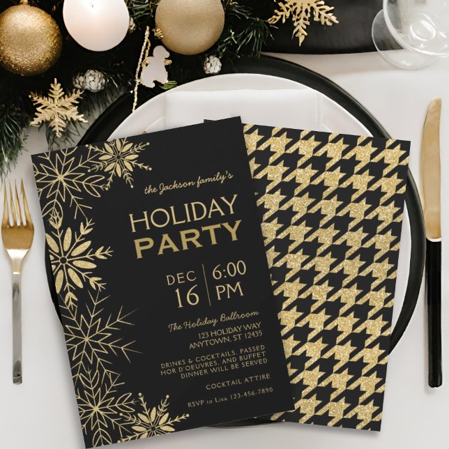 Gold & Black Houndstooth & Snowflakes Holiday Glam Einladung (Von Creator hochgeladen)