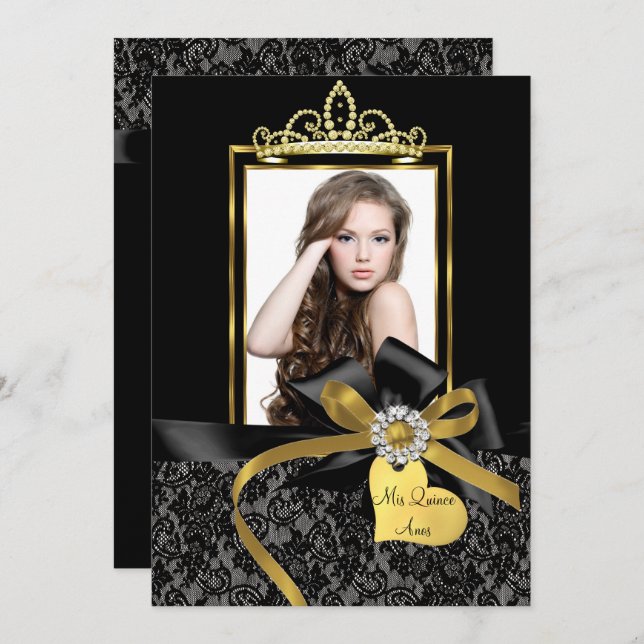 Gold Black Lace & Bow Foto Quinceanera Einladung (Vorne/Hinten)