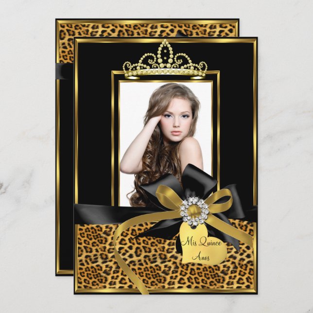 Gold Black Leopard Print & Bow Foto Quinceanera Einladung (Vorne/Hinten)