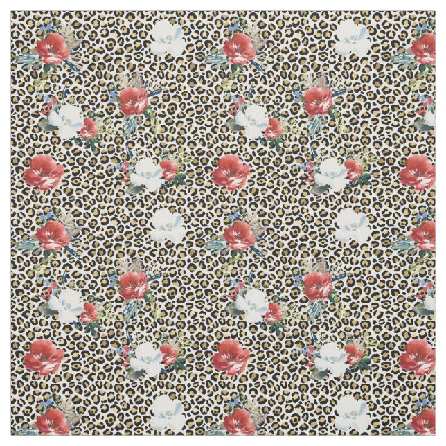 Gold Black Leopard Print Red White Blume Stoff (Muster)