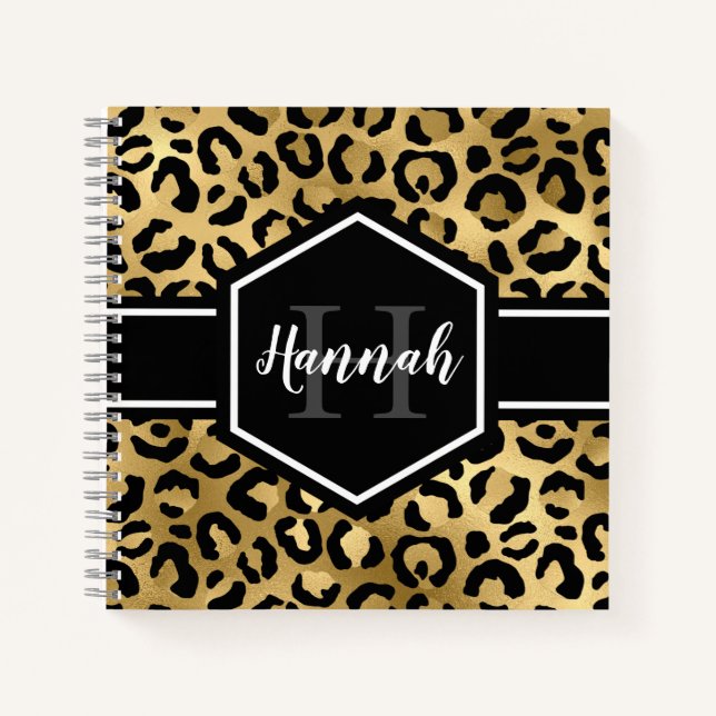 Gold Black Leopard Spots Monogram Square Notizbuch (Vorderseite)