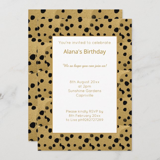 GOLD BLACK LEOPARD TIERDRUCK GEBURTSTAG EINLADUNG (Vorne/Hinten)