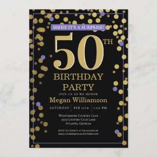 Gold Black Lila Surprise 50. Geburtstag Einladung