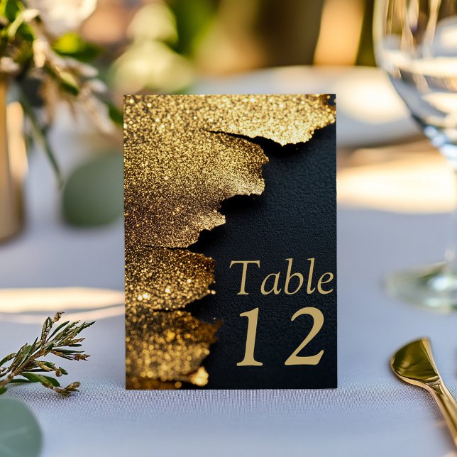 Gold Black Luxe Elegante Wedding Tischnummer Card (Sophisticated table number card features a luxurious gold glitter effect against textured black.)
